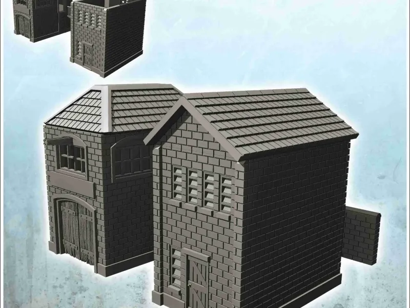 Brick industrial buildings with walkway and low wall (23) -