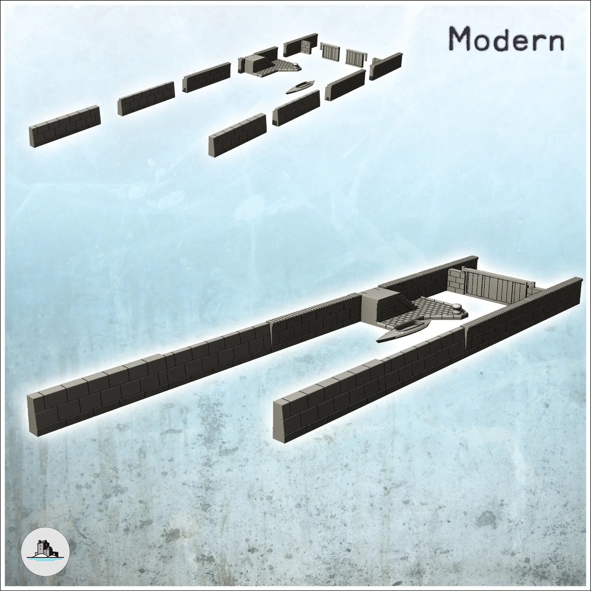 Set of brick river banks with lock and boat (25) - miniature