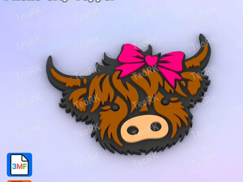 Badge Reel Topper Flat Back Highland cow female with a bow
