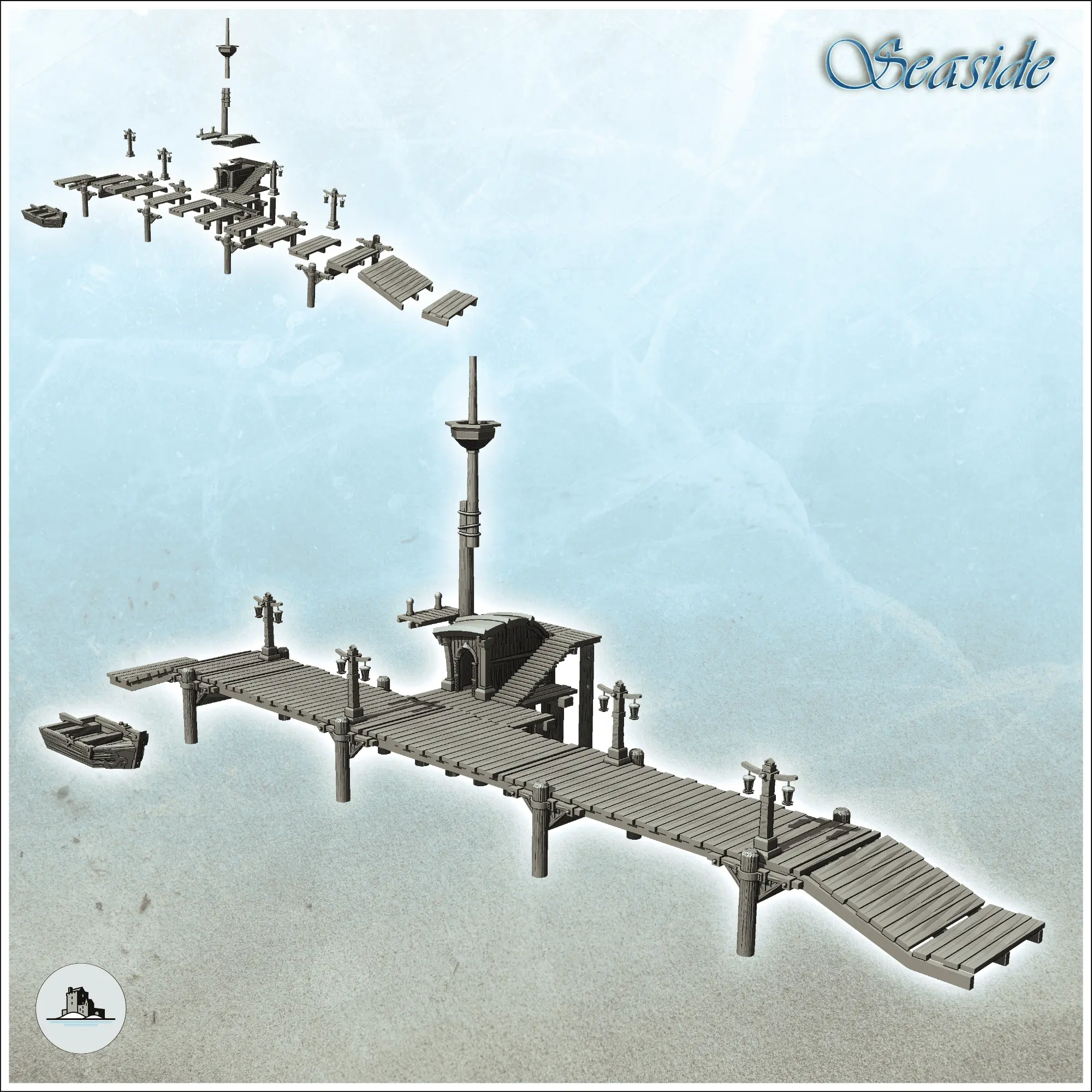 Modular set of medieval wooden pontoons with mast and boat (