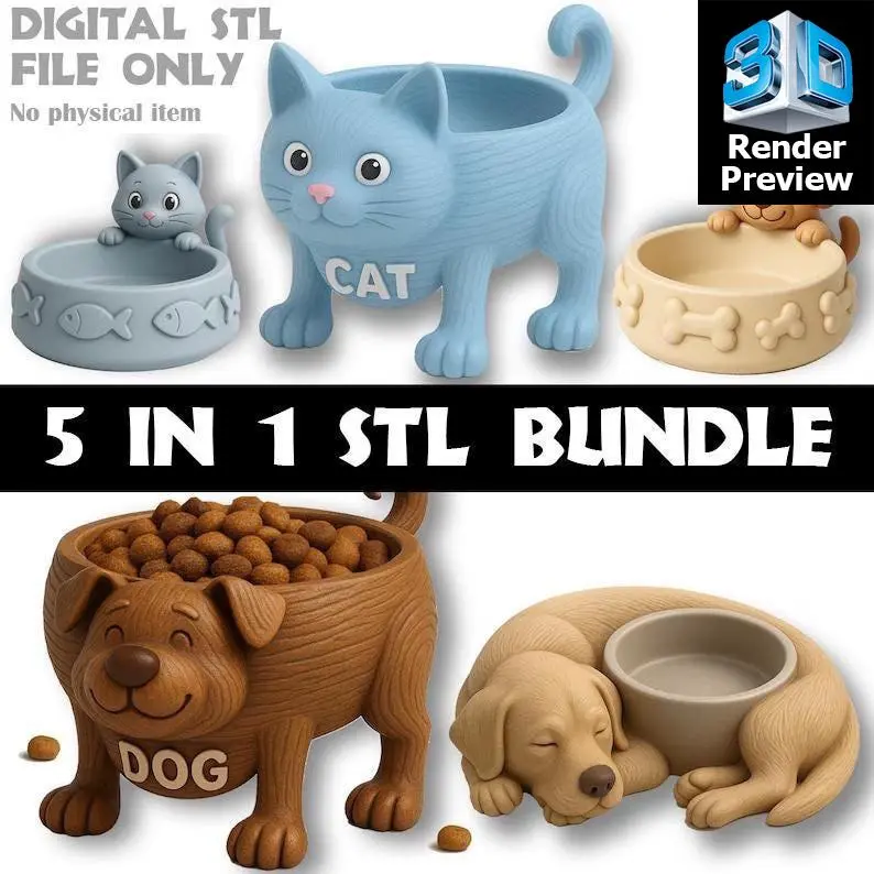 5 in 1 Pet Bowl STL Bundle – Cute Cat & Dog Feeders