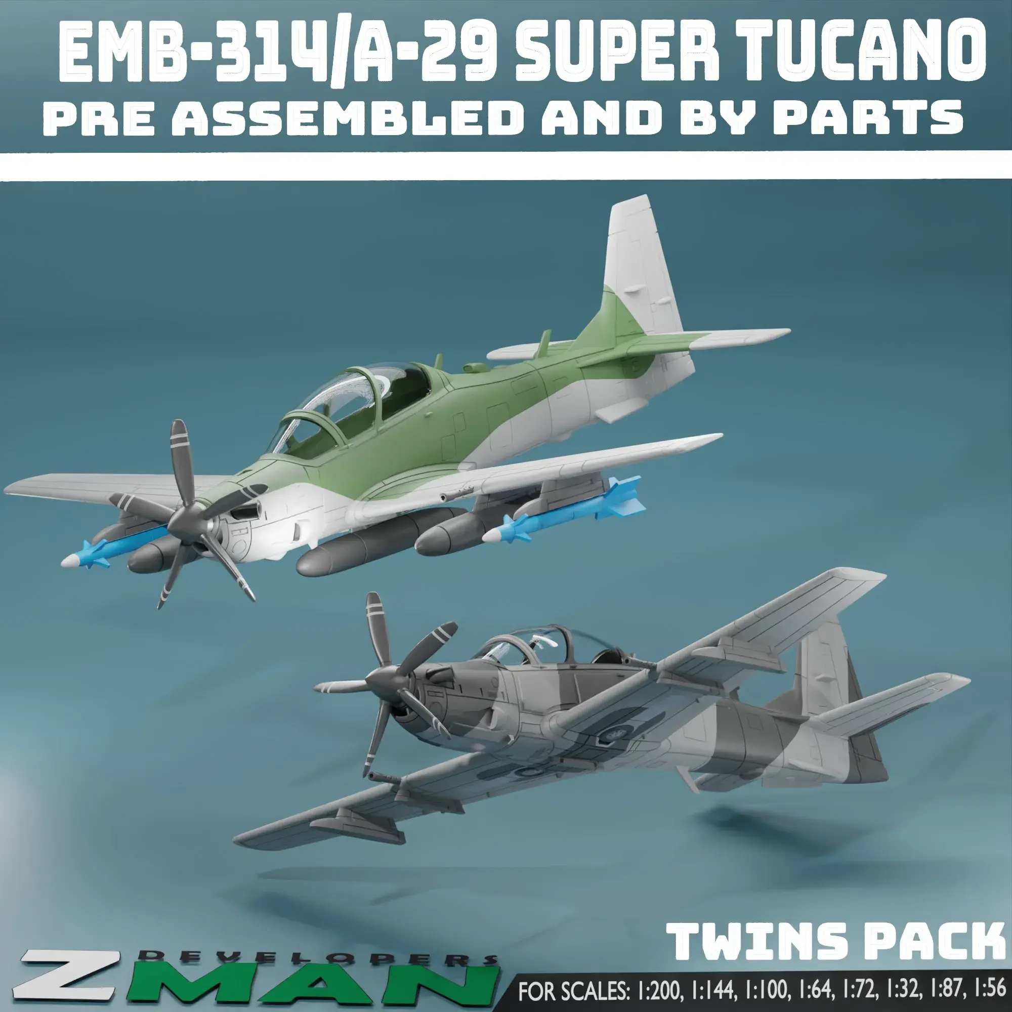 Drones & Aircraft STL Download - EMB-314 (A-29 SUPER TUCANO) TWINS