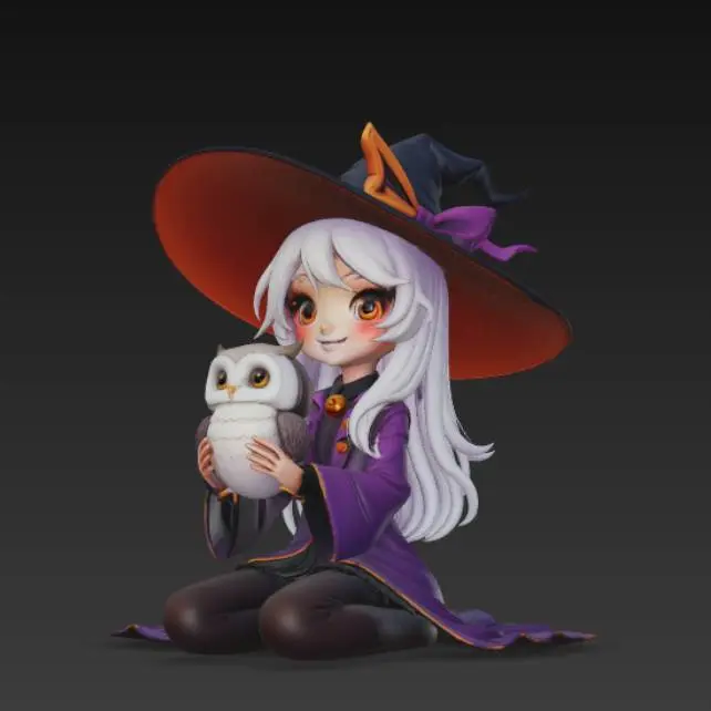 A beautiful witch with a white owl. Anime