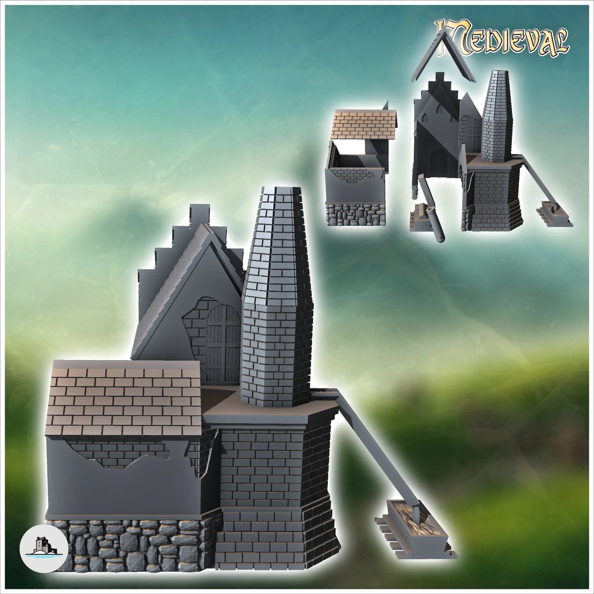 Herrería medieval con gran chimenea de ladrillo y outd