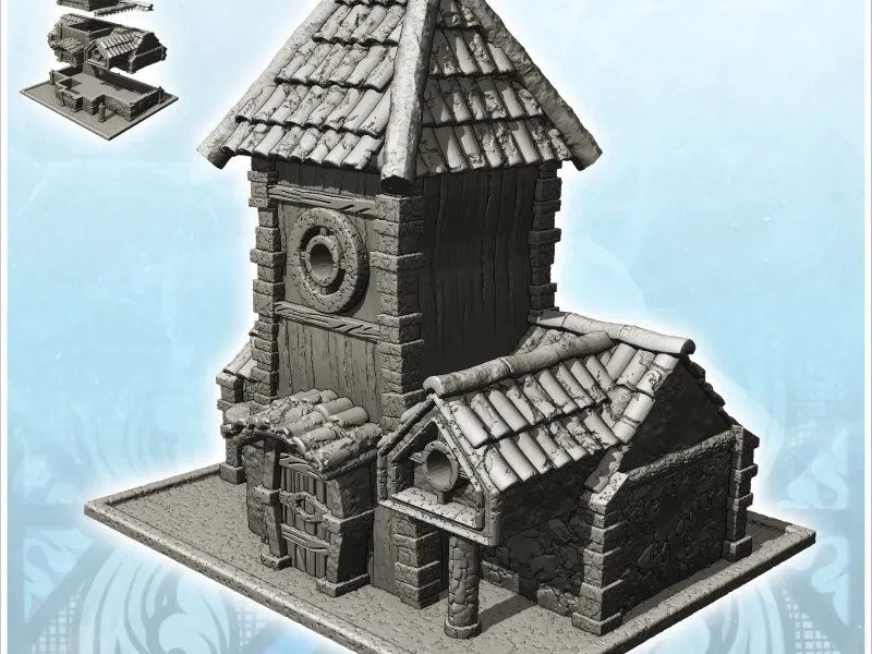 Medieval wooden building with everything and support column