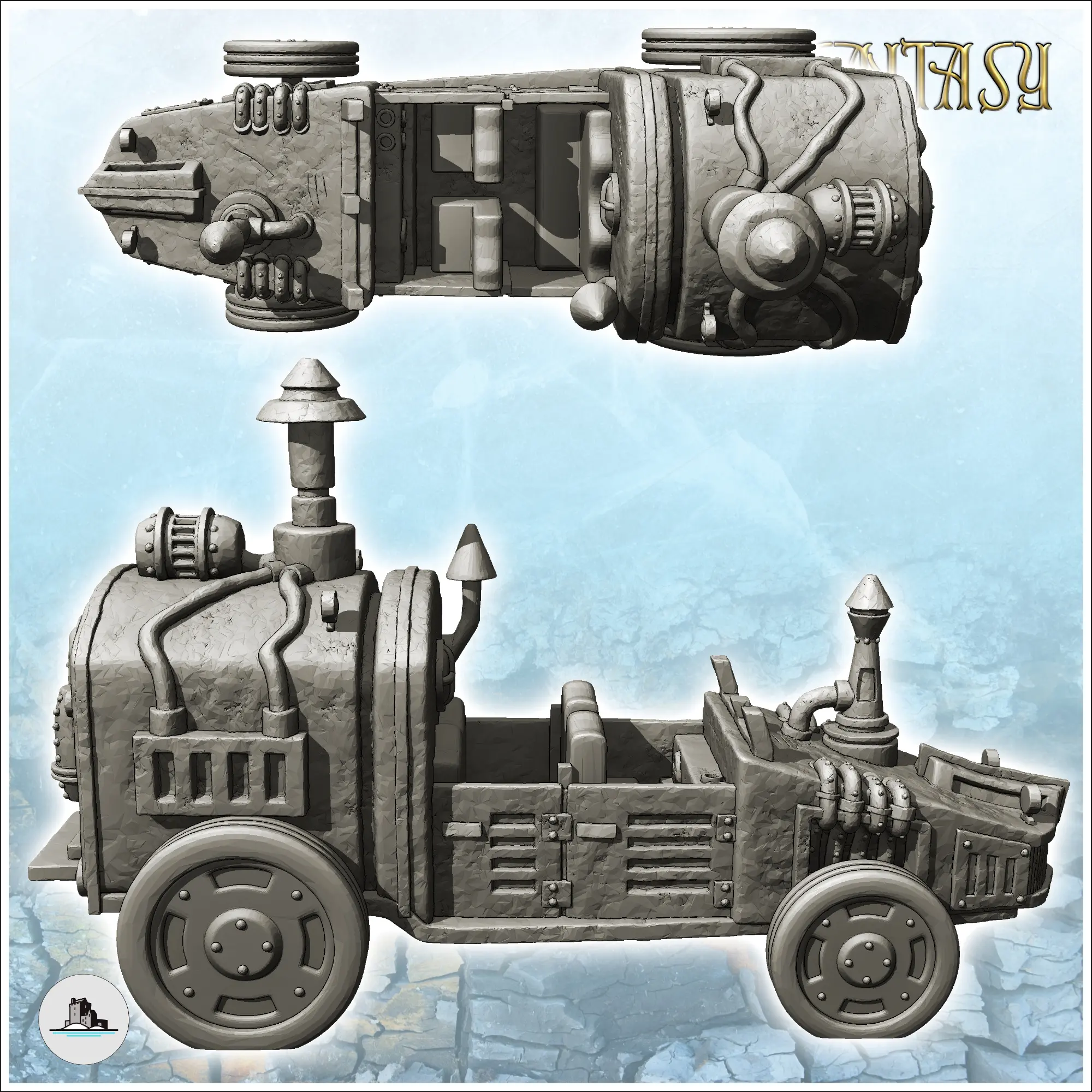 Voiture steampunk avec cheminée et gros moteur à l'arrière (4)