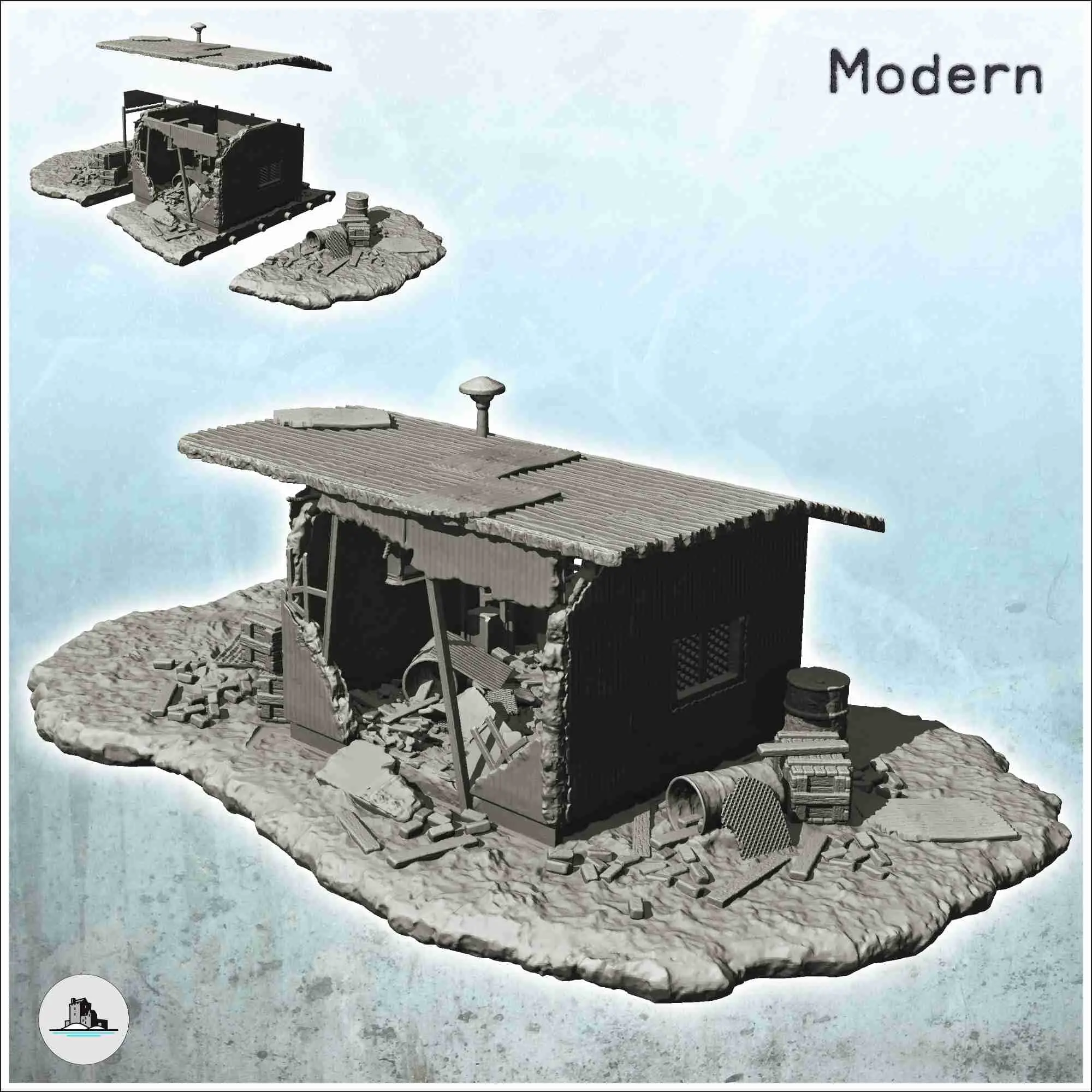 Modern building ruin made of sheet metal with metal chimney