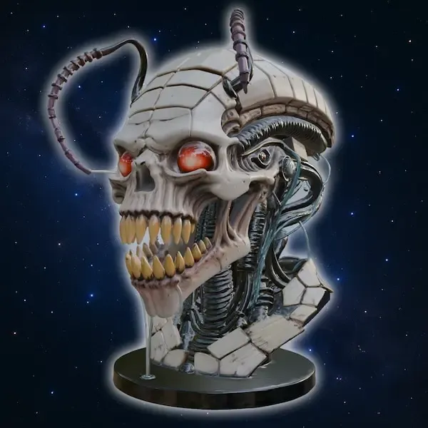 Cybernetic Alien Skull Bust STL – Sci-Fi Mechanical Demon He