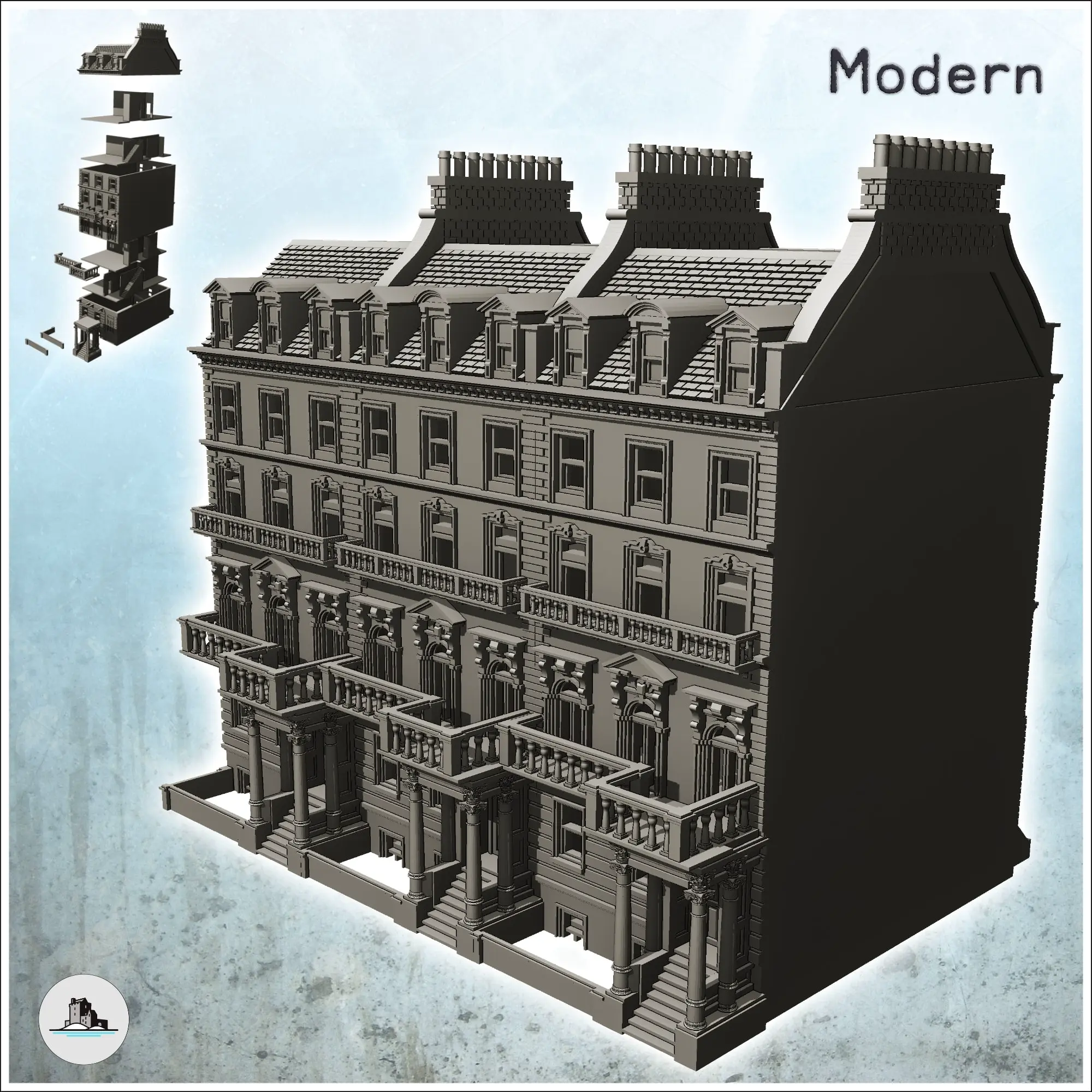 Large modern building with balcony and chimneys with low wal