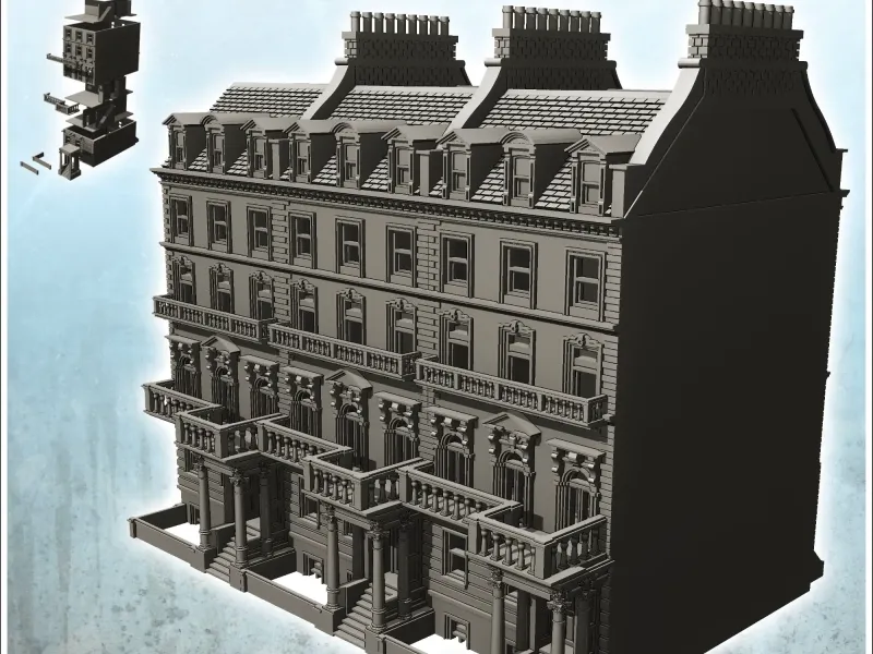 Grand bâtiment moderne avec balcon et cheminées de faible hauteur