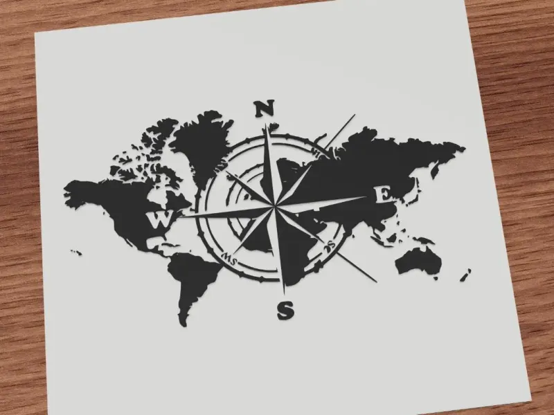 World map compass rose silhouette travel design