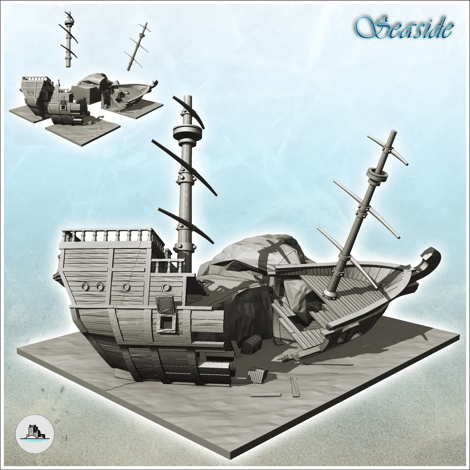 Carcass of wooden galleon on rock with two masts (2) - minia