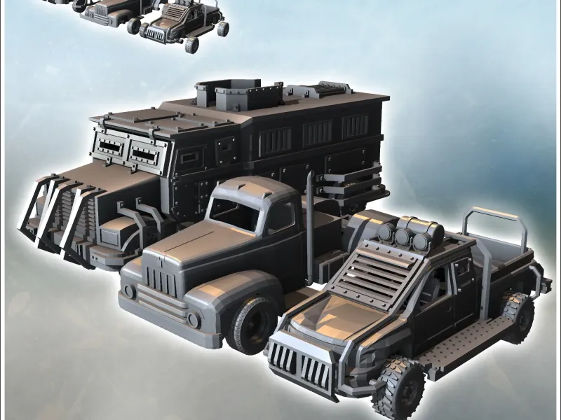 Set of three post-apocalyptic vehicles with improvised armor