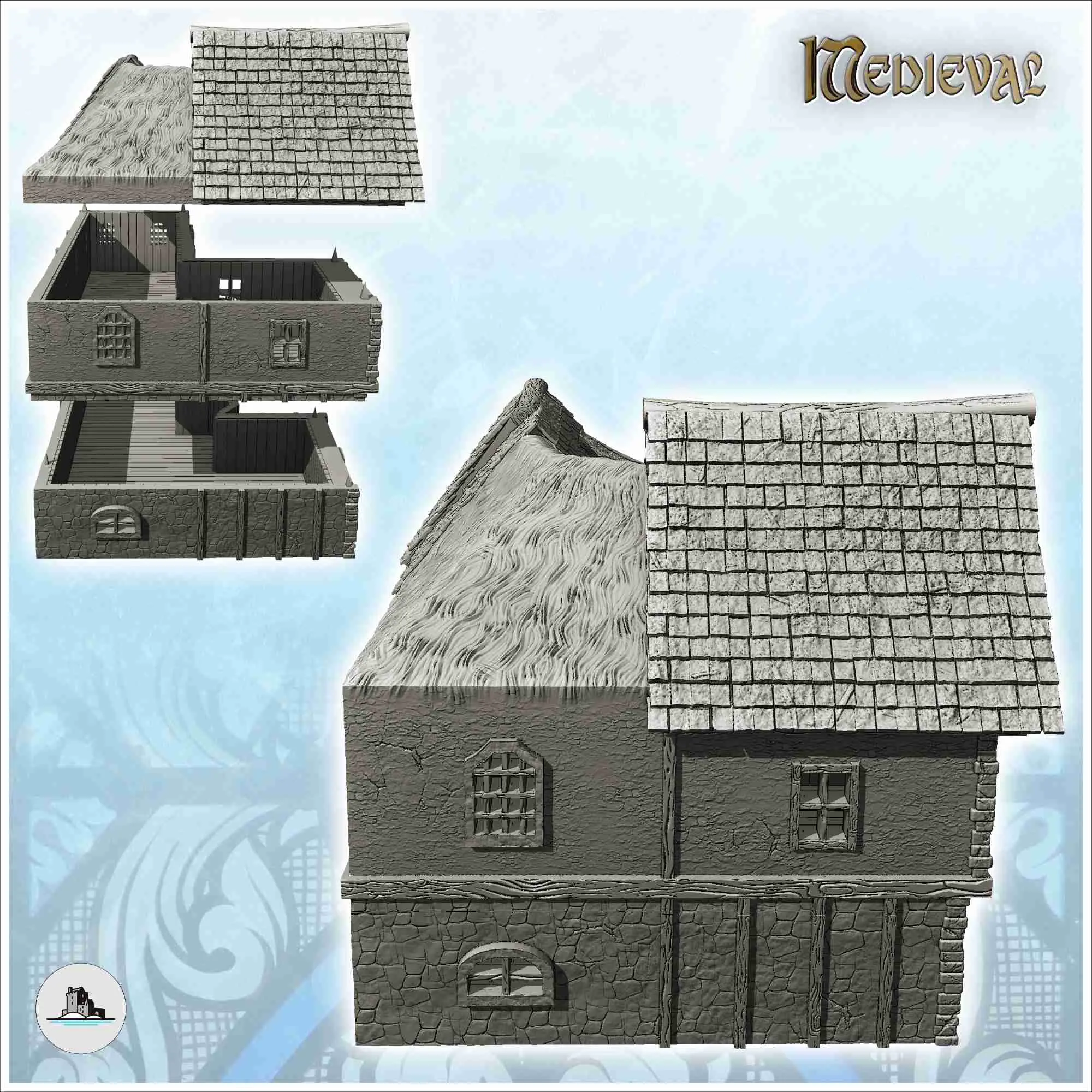 Casa medieval com varanda e telhado misto de colmo e ardósia