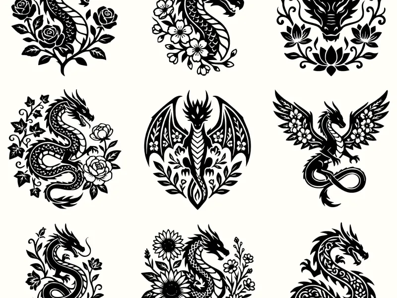 Floral Dragon Wall Art Pack – Decorative Dragon Designs CNC