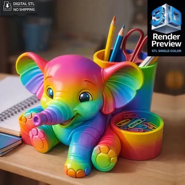 Cute Rainbow Elephant Desk Organizer STL