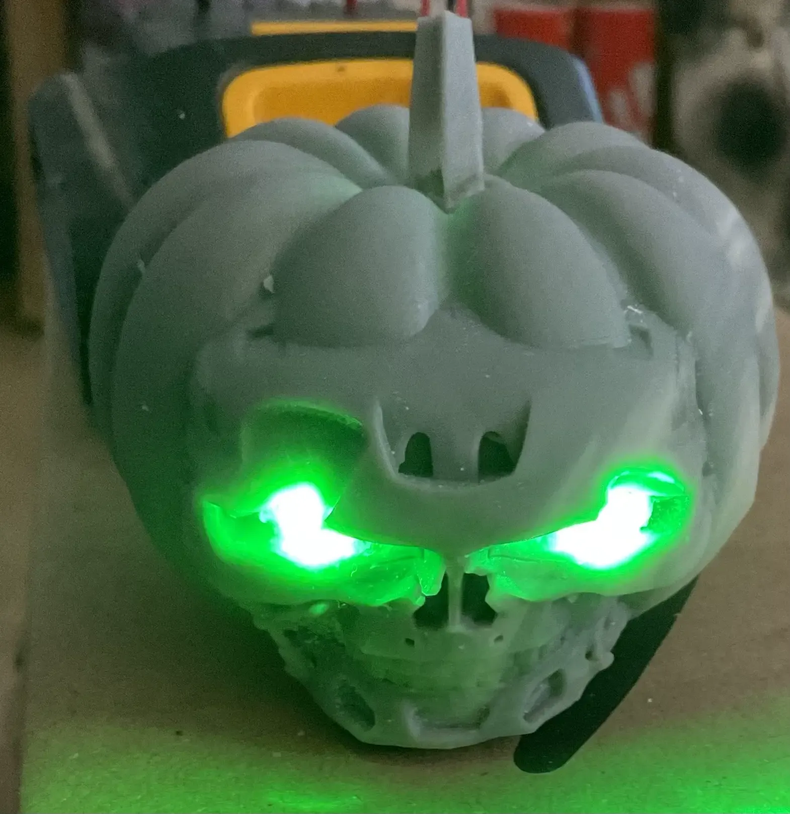 Terminator pumpkin with open eyes
