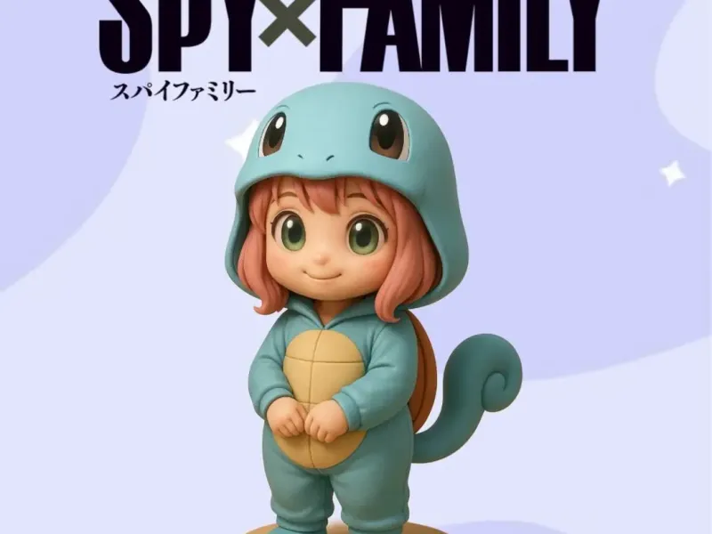 Anya Squirtle Pokémon-kostuum chibi-ontwerp met basis STL