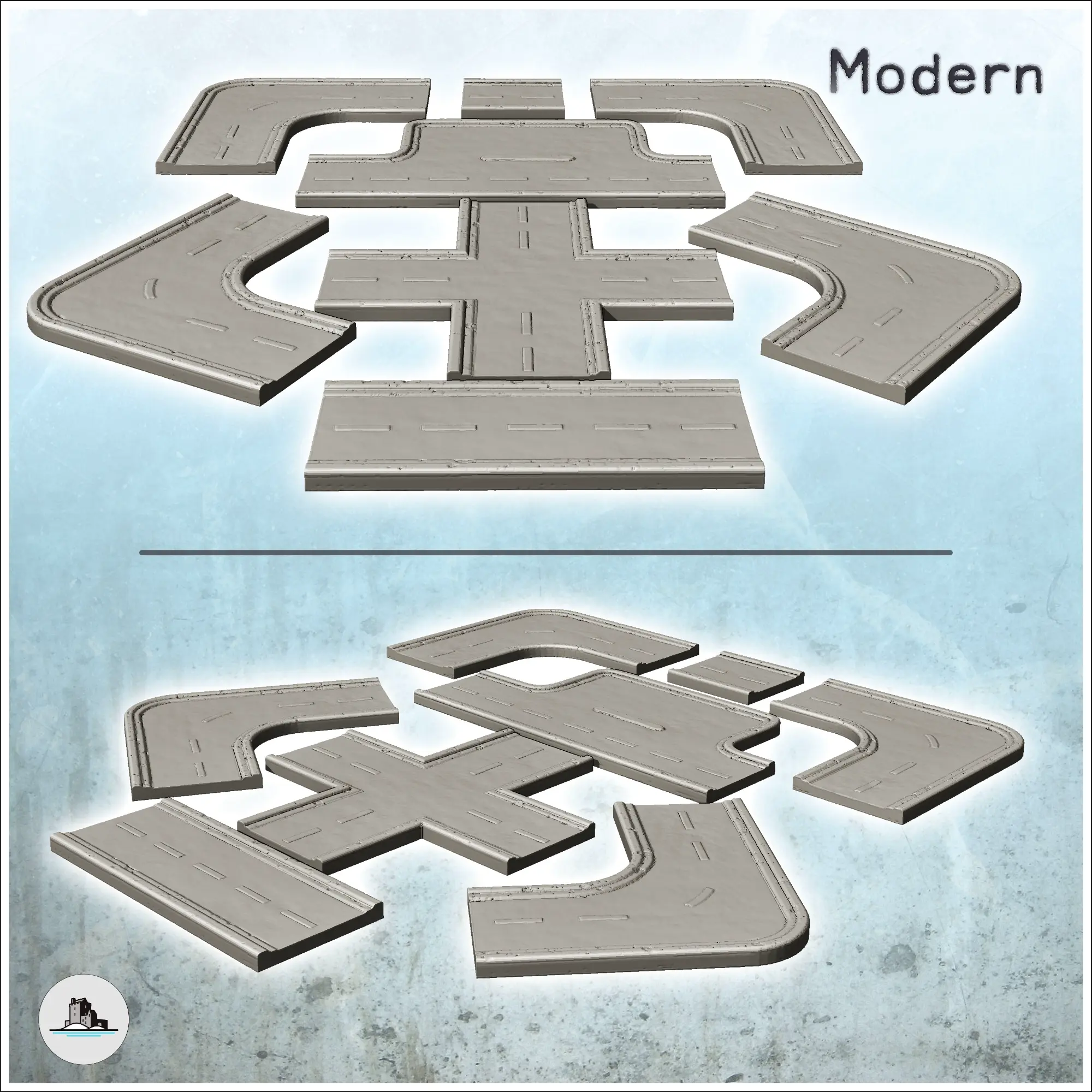 Set of modern modular roads with crossroads (10) - miniature | 3D ...