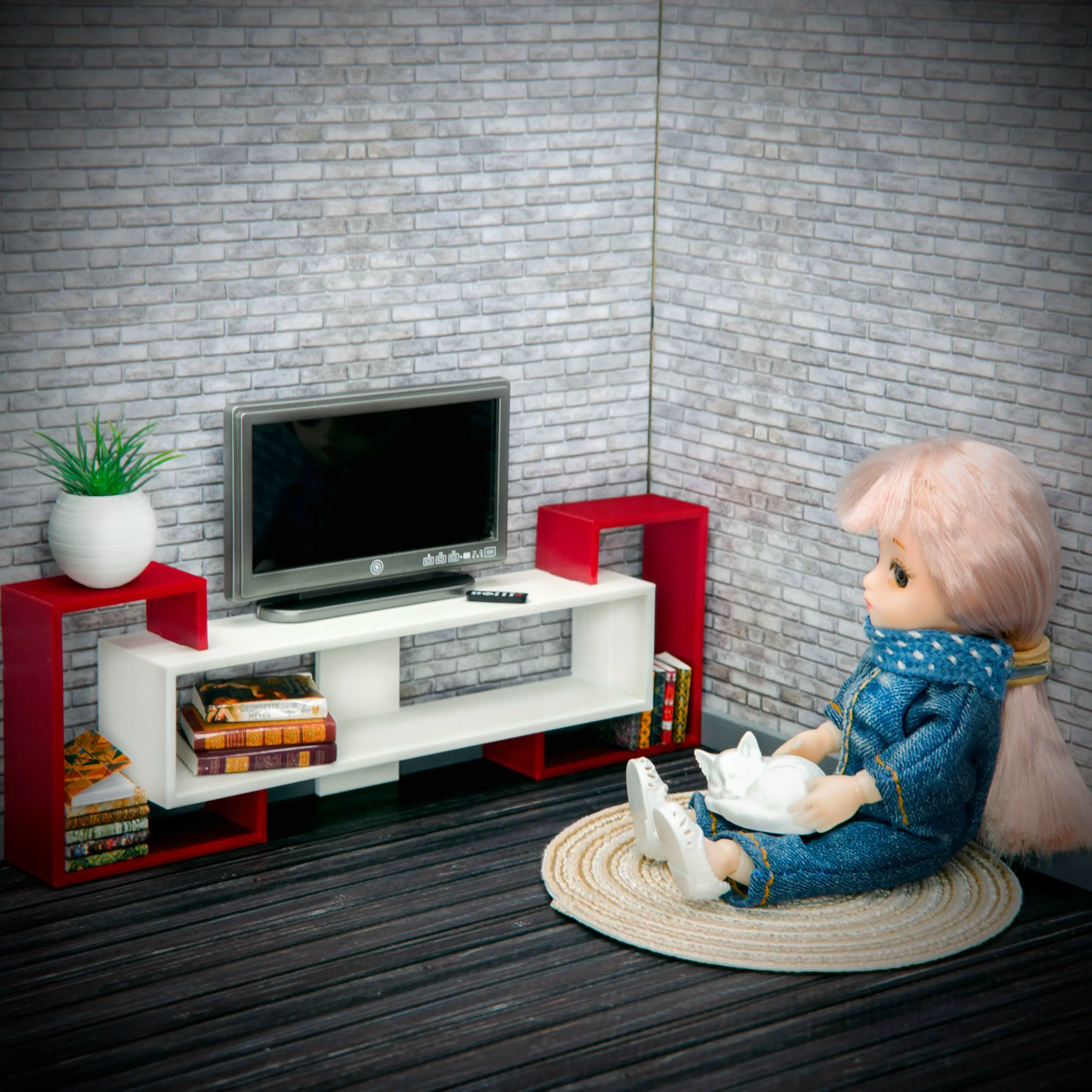 Modern TV Stand & TV Desk - Miniature Dollhouse Furniture