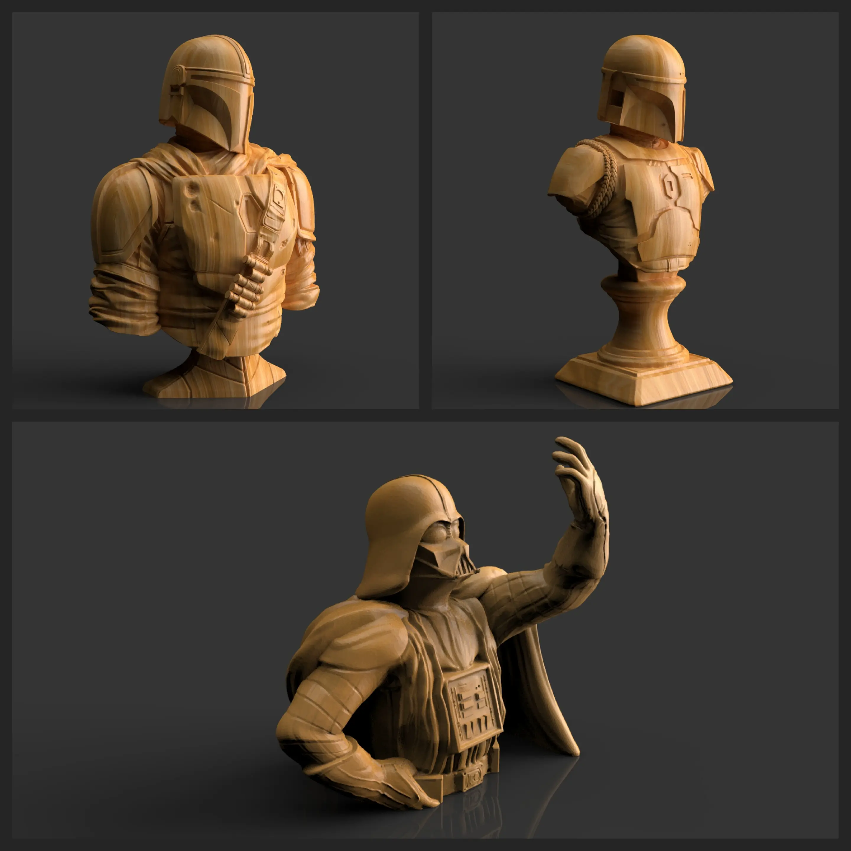 3 different bust Star Wars. Darth Vader, B Fett, Mandalorian
