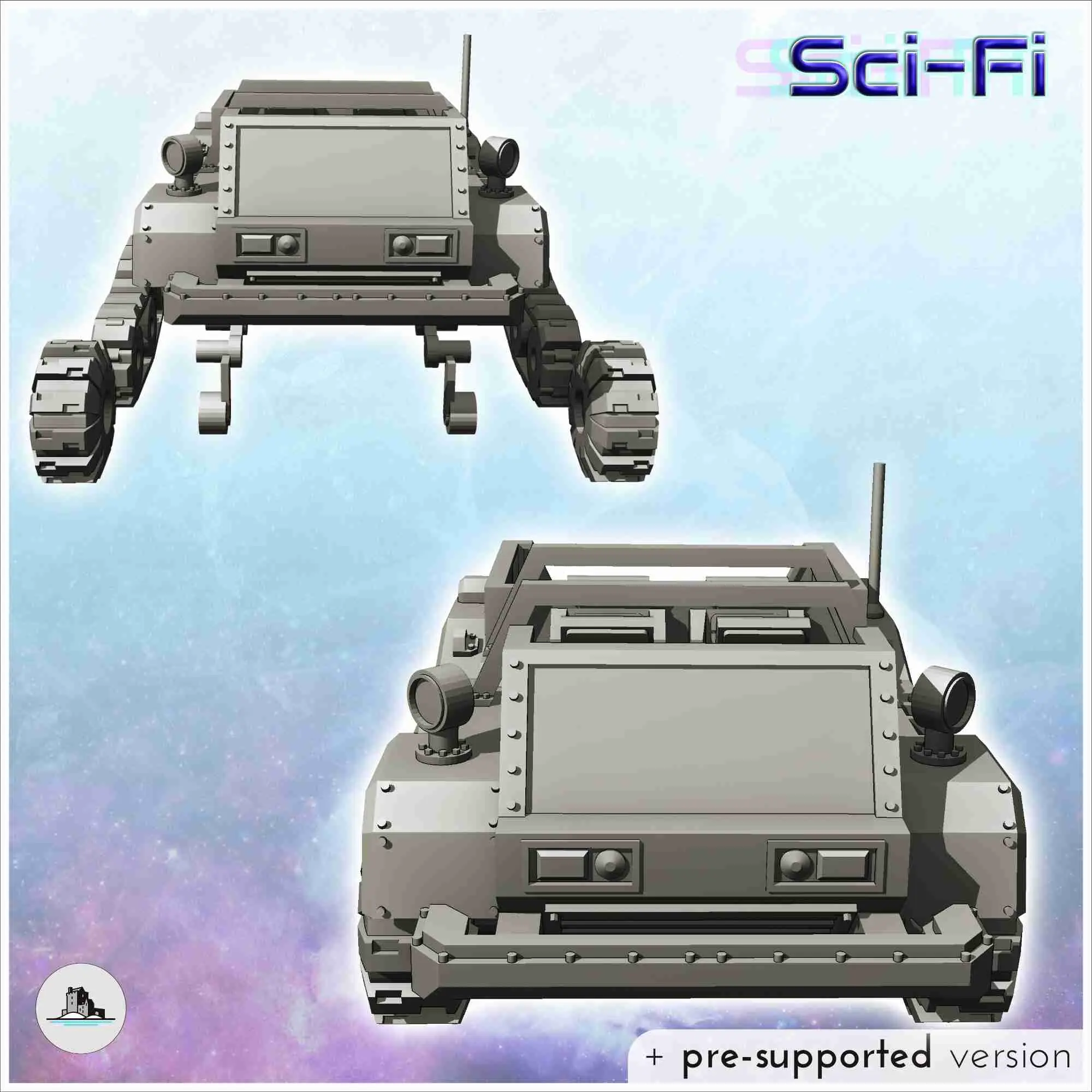 Futuristic half-track transport vehicle with cargo and anten