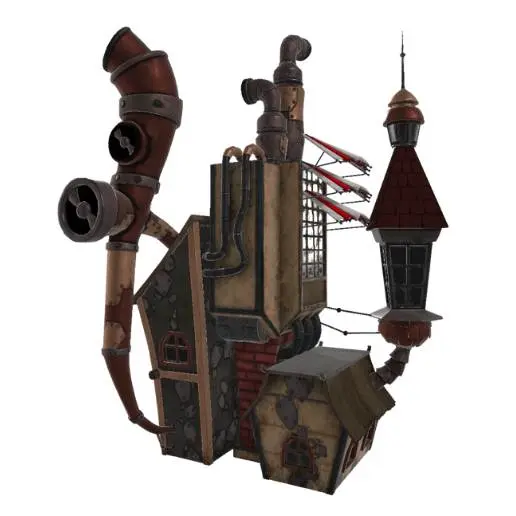 Chaotic Steampunk Modular House with Pipes and Tower 3D Mode