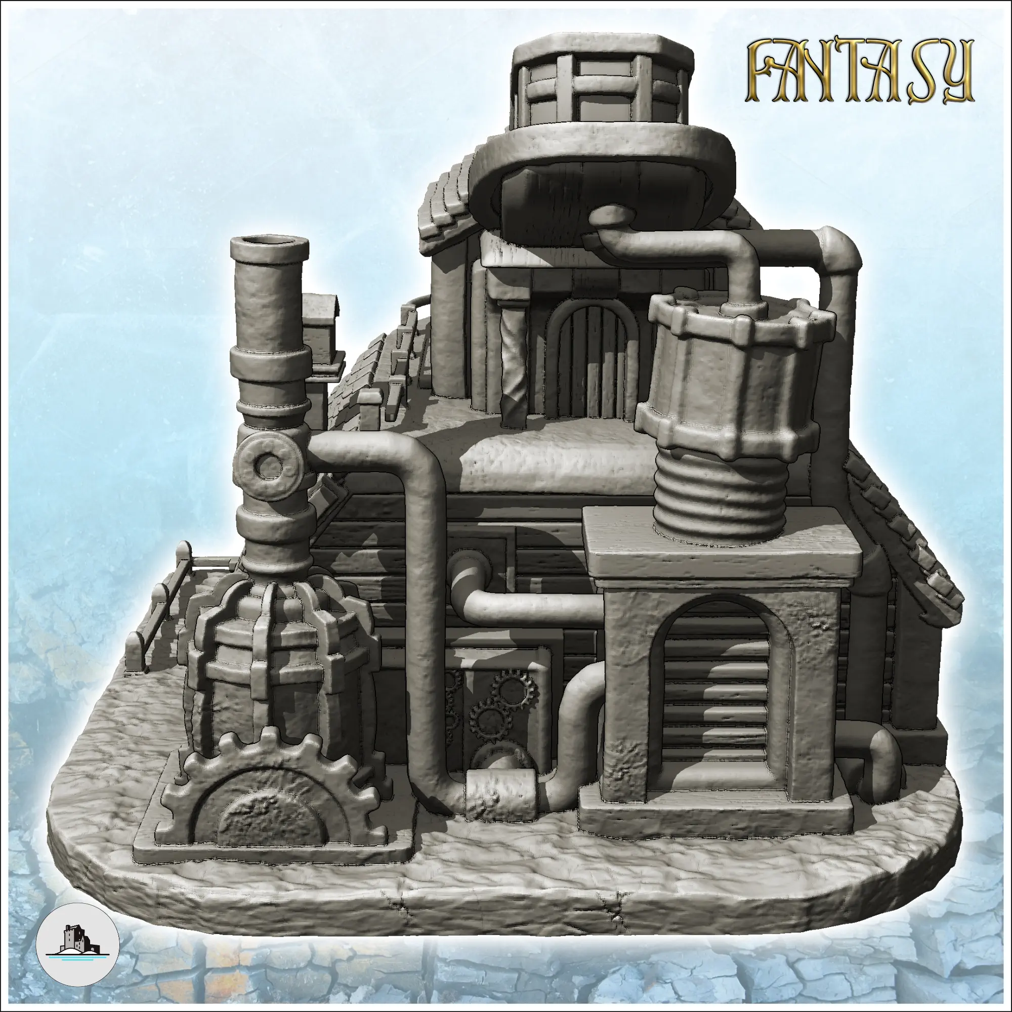 Taller steampunk con engranajes y máquinas de fuelle al aire libre