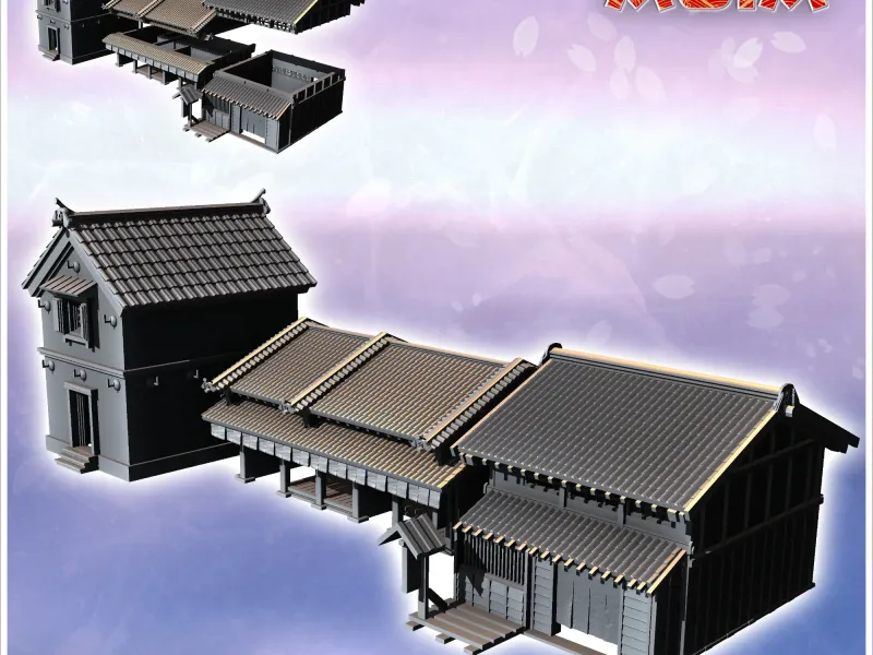 Set of three Asian buildings with curved roof and large hall
