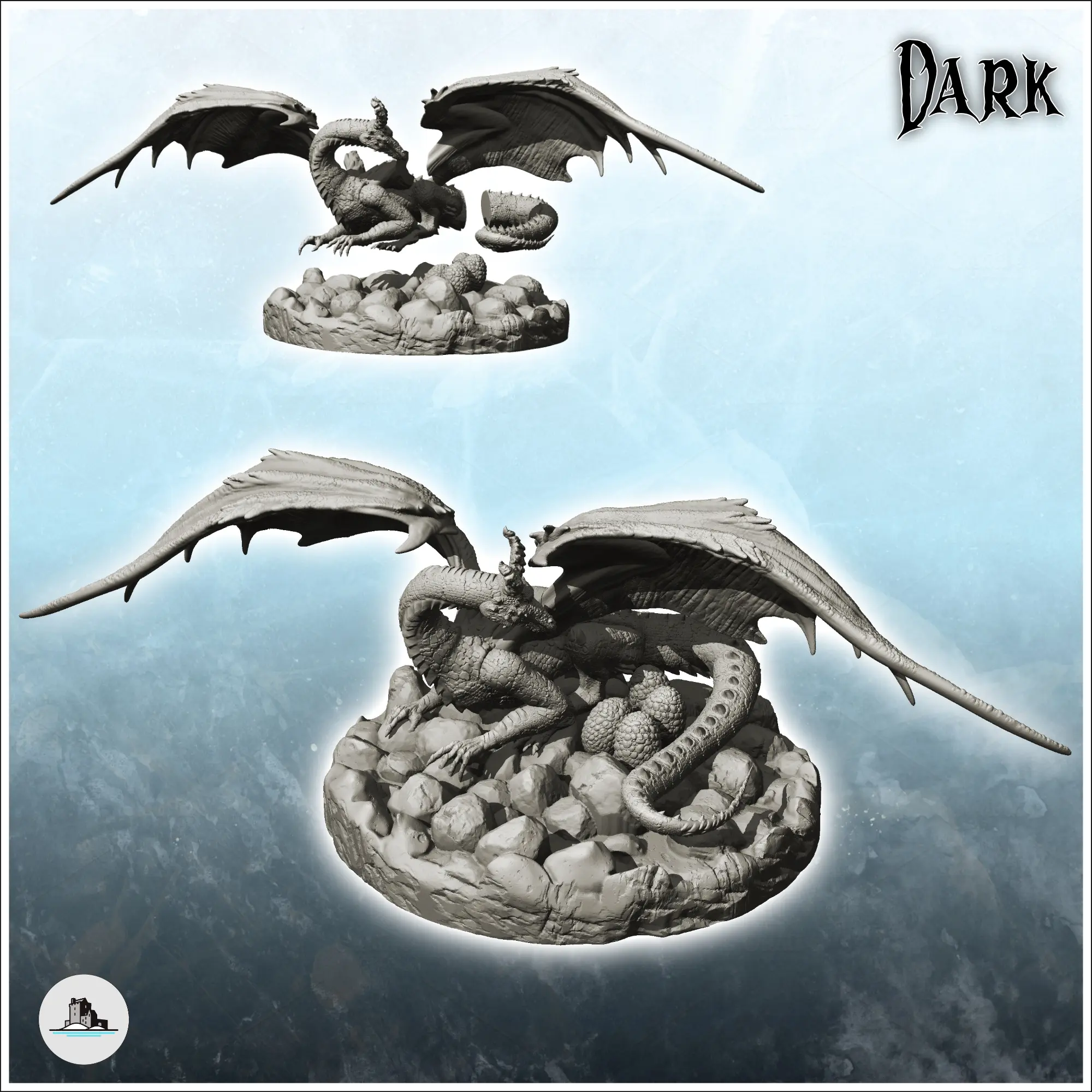 Dragon with big wings protecting his eggs - figure miniature