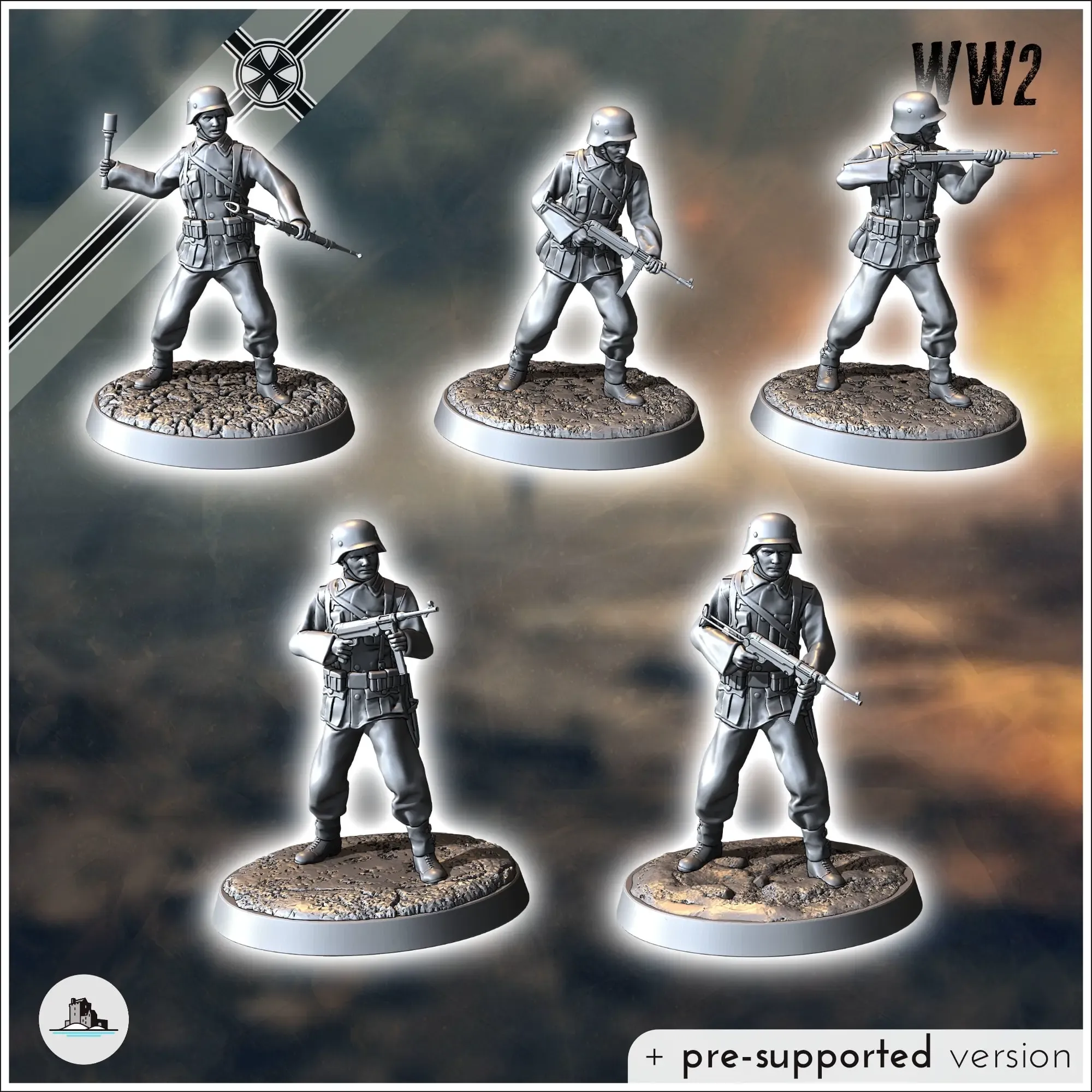 Set of five German WW2 infantry troops (with MP40 and K98k)