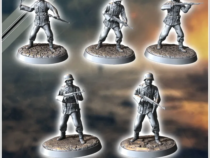 Set of five German WW2 infantry troops (with MP40 and K98k)