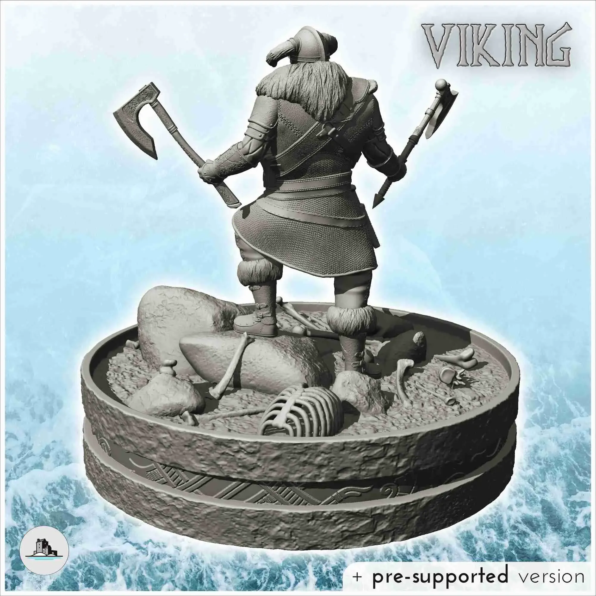 Viking warrior on battlefield with horn helmet and axes