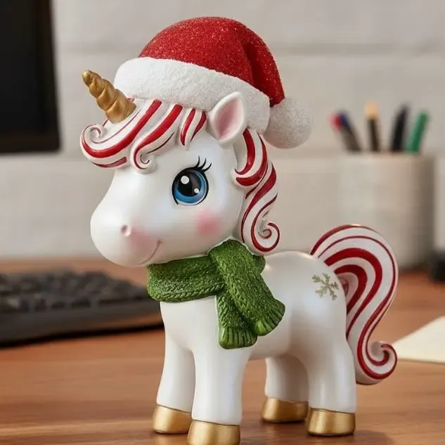 Festive unicorn figurine with Santa hat and scarf