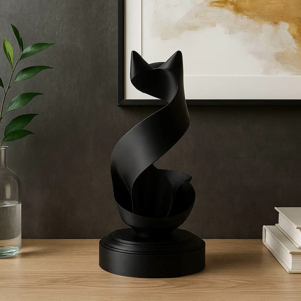 Ribbon Cat Sculpture – Elegant 3D Printed Figurine