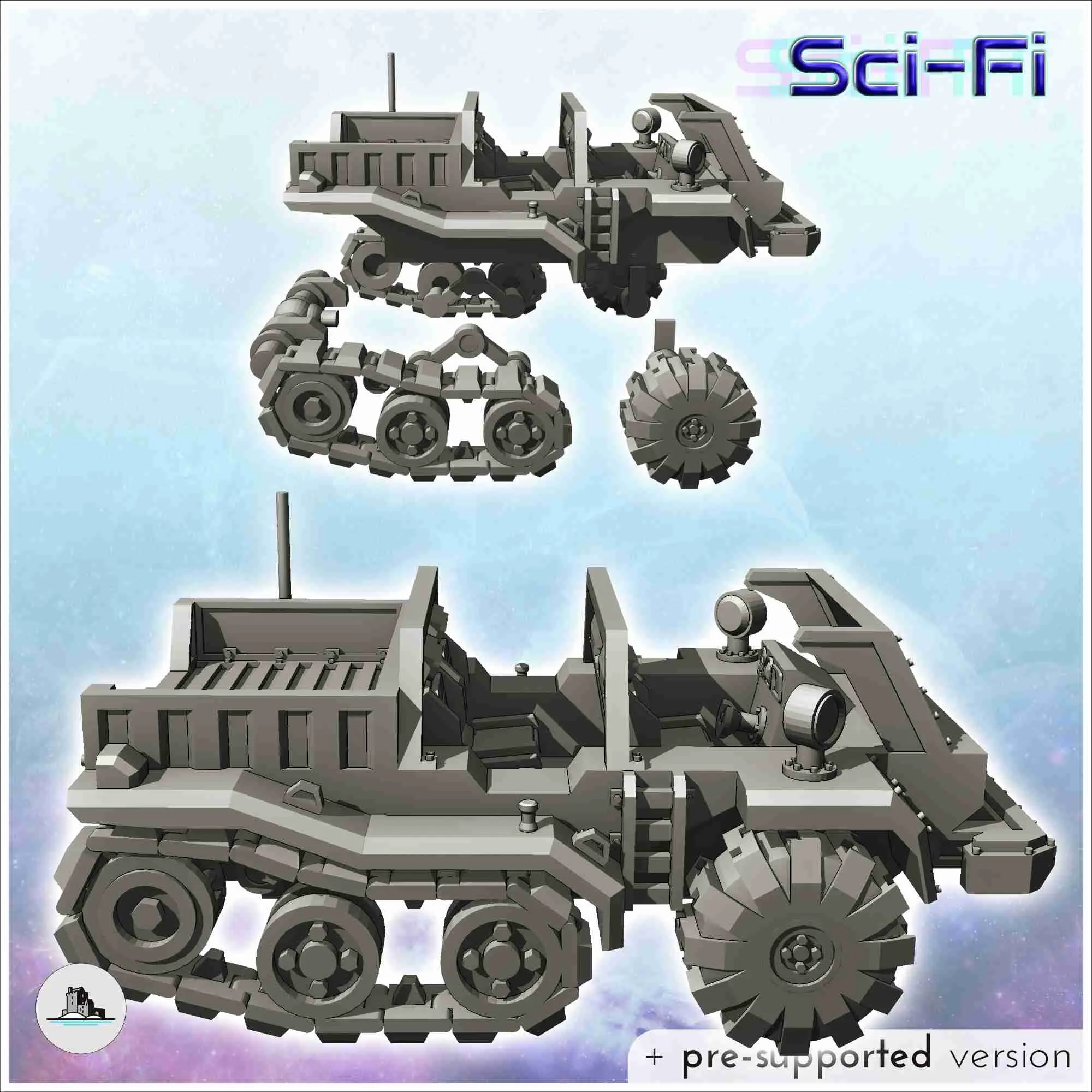 Futuristic half-track transport vehicle with cargo and anten
