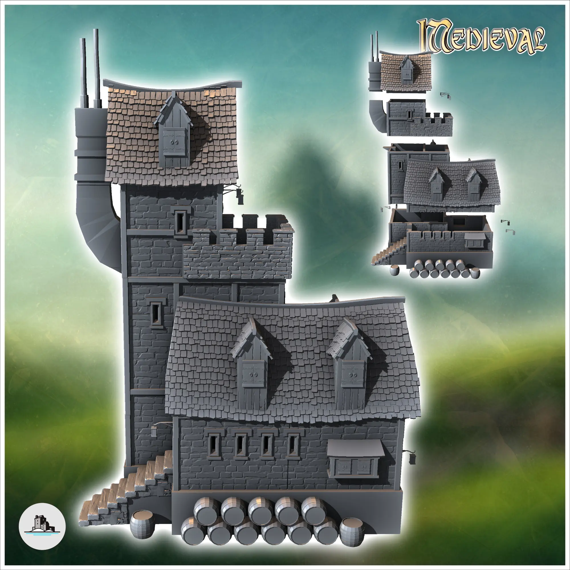 Large fortified medieval building with battlements and defen
