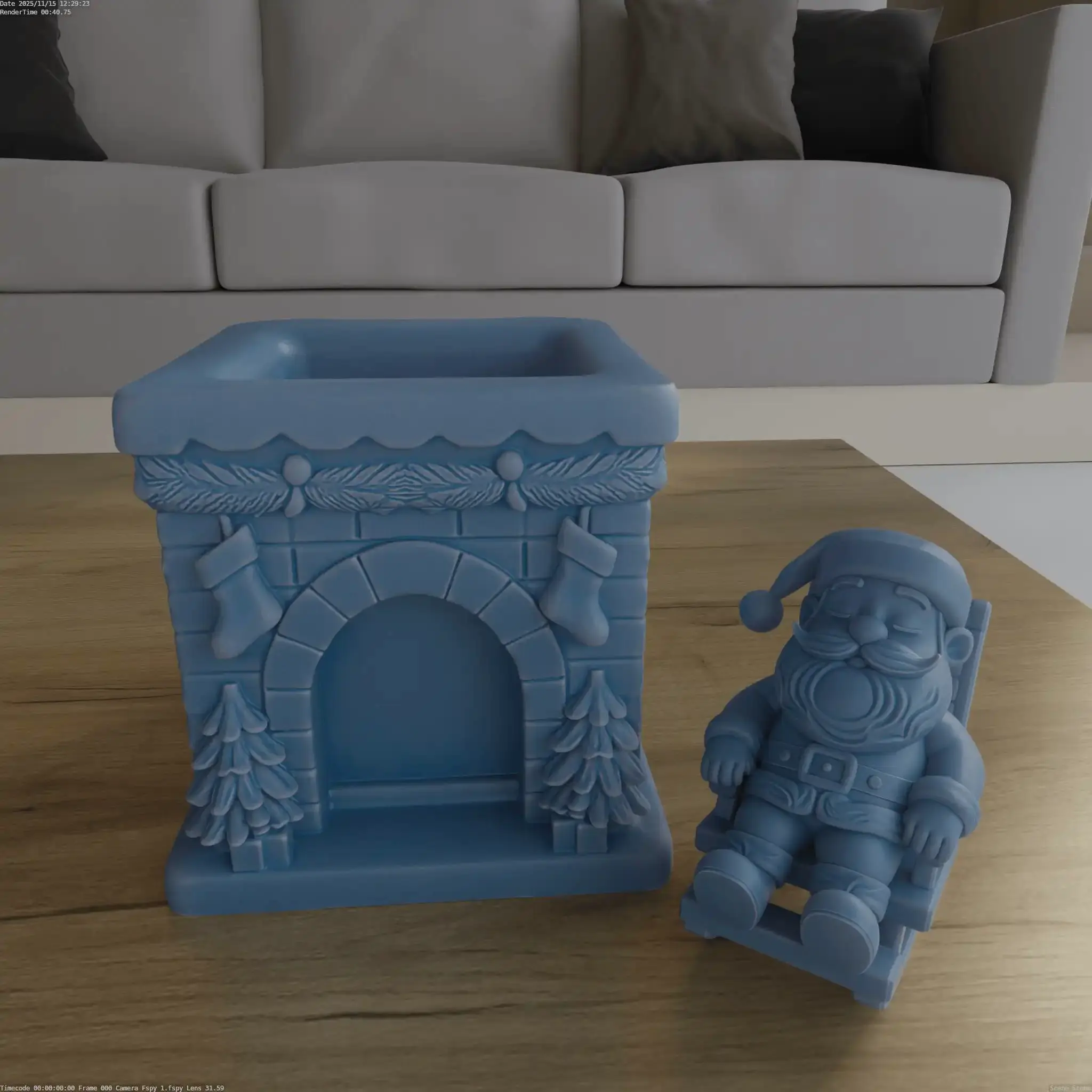 Santa Sleeping Fireplace Planter Candy Container STL 3D Mode