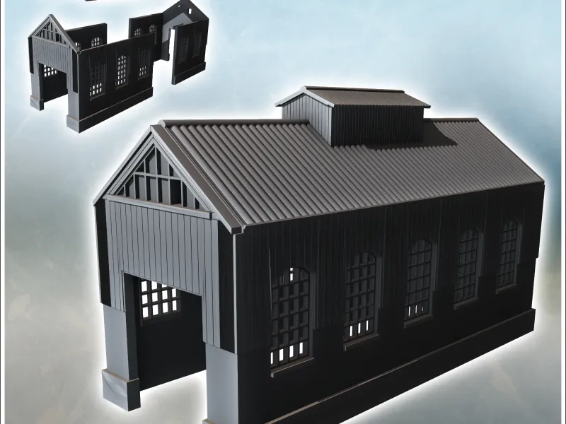 Large hangar with wide windows, two-part roof, and large acc