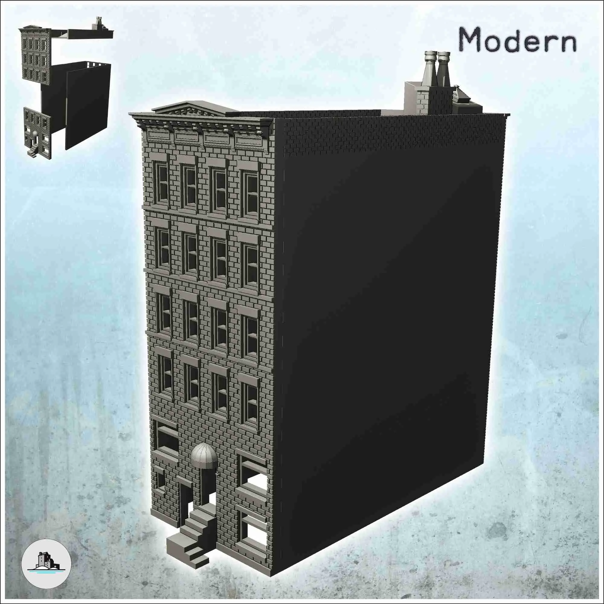 Modernes Backsteingebäude mit Treppe und kleinem runden Eingang
