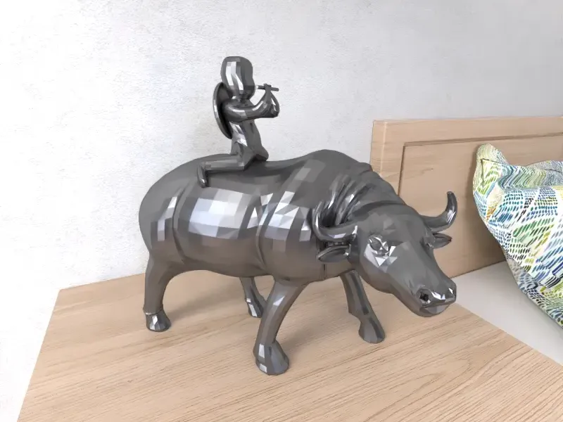 Escultura de un hombre sobre un buey