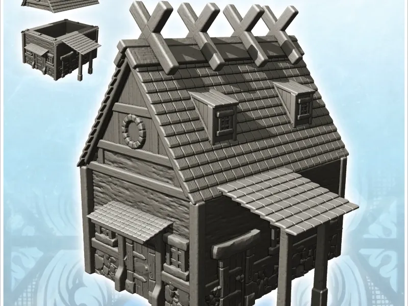 Medieval building with side awning and wooden motifs on roof
