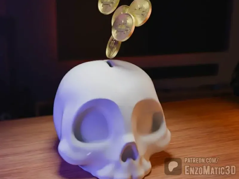 skull piggy bank, money box STL - Print in place No Support