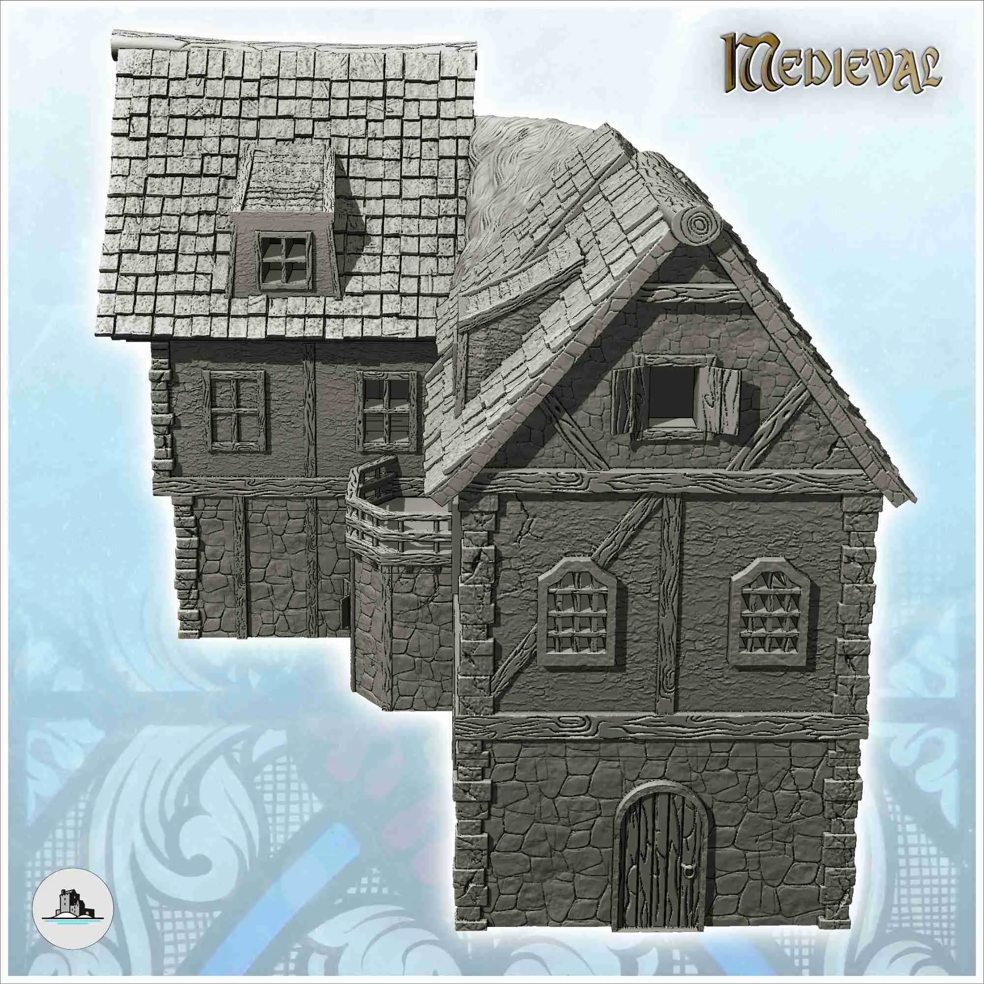 Casa medieval com varanda e telhado misto de colmo e ardósia