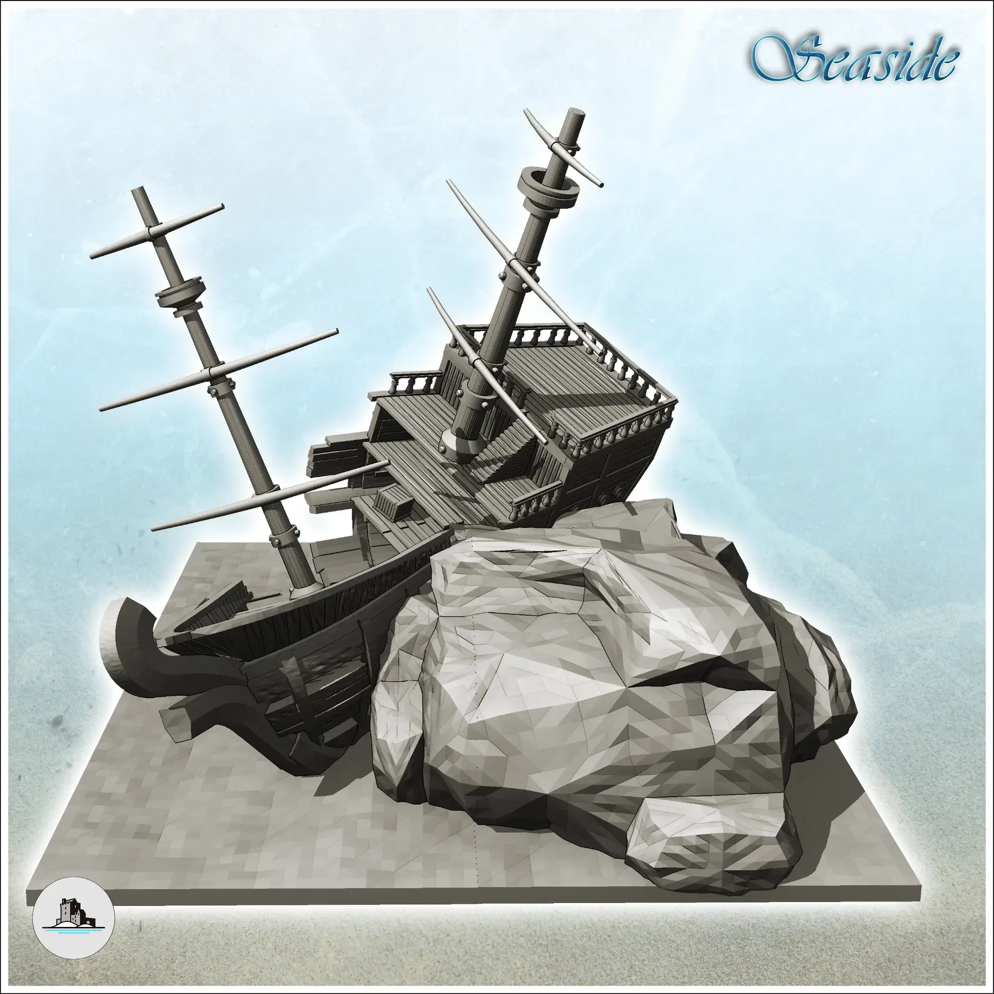 Carcass of wooden galleon on rock with two masts (2) - minia