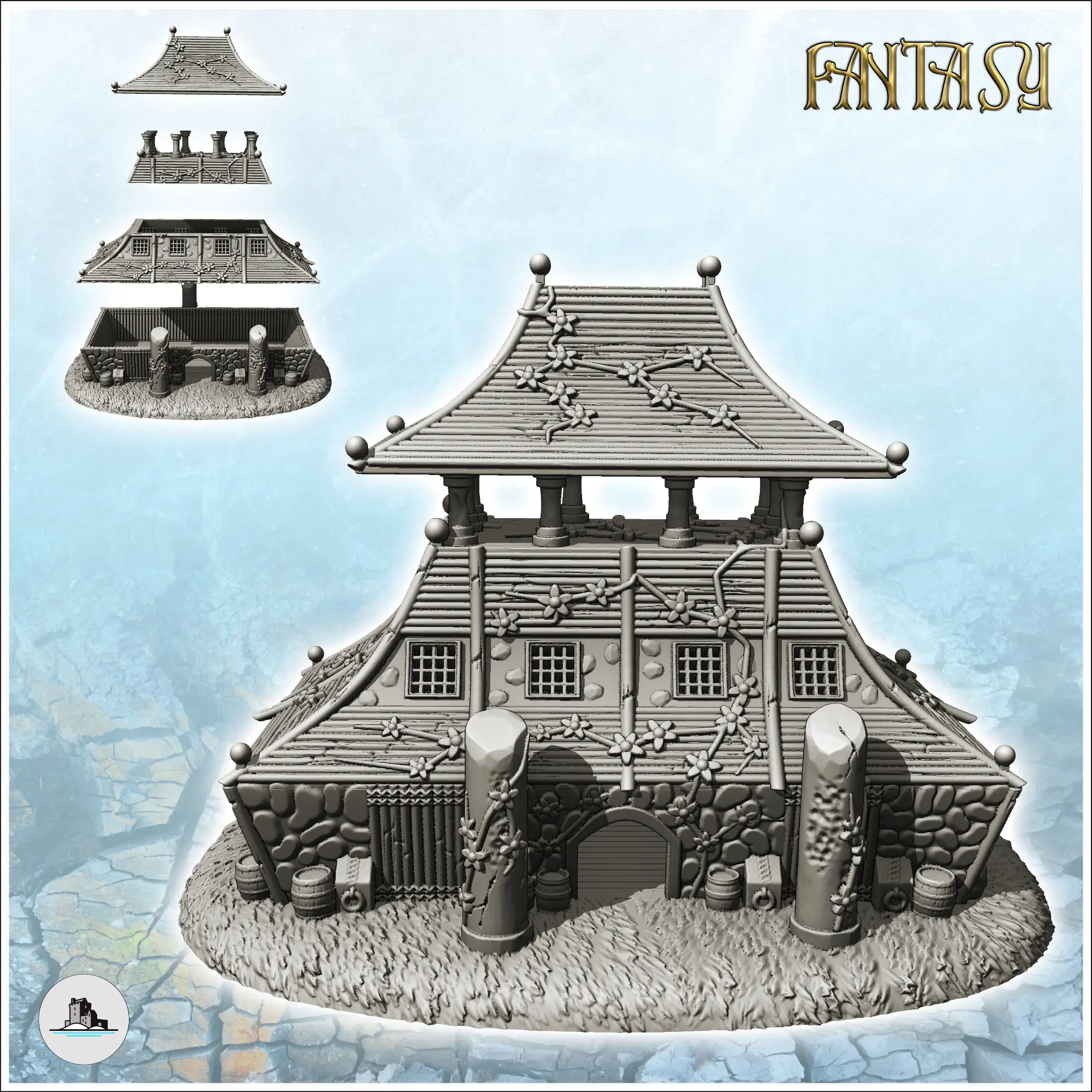Large curved-roof medieval building with upstairs terrace an