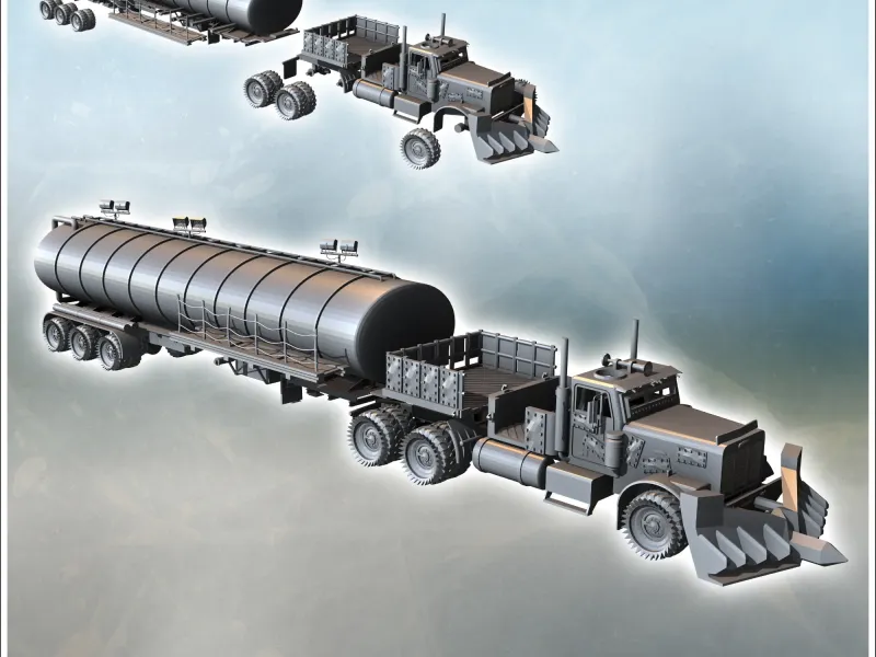 Camion-citerne post-apocalyptique avec lame frontale, plate-forme de tir