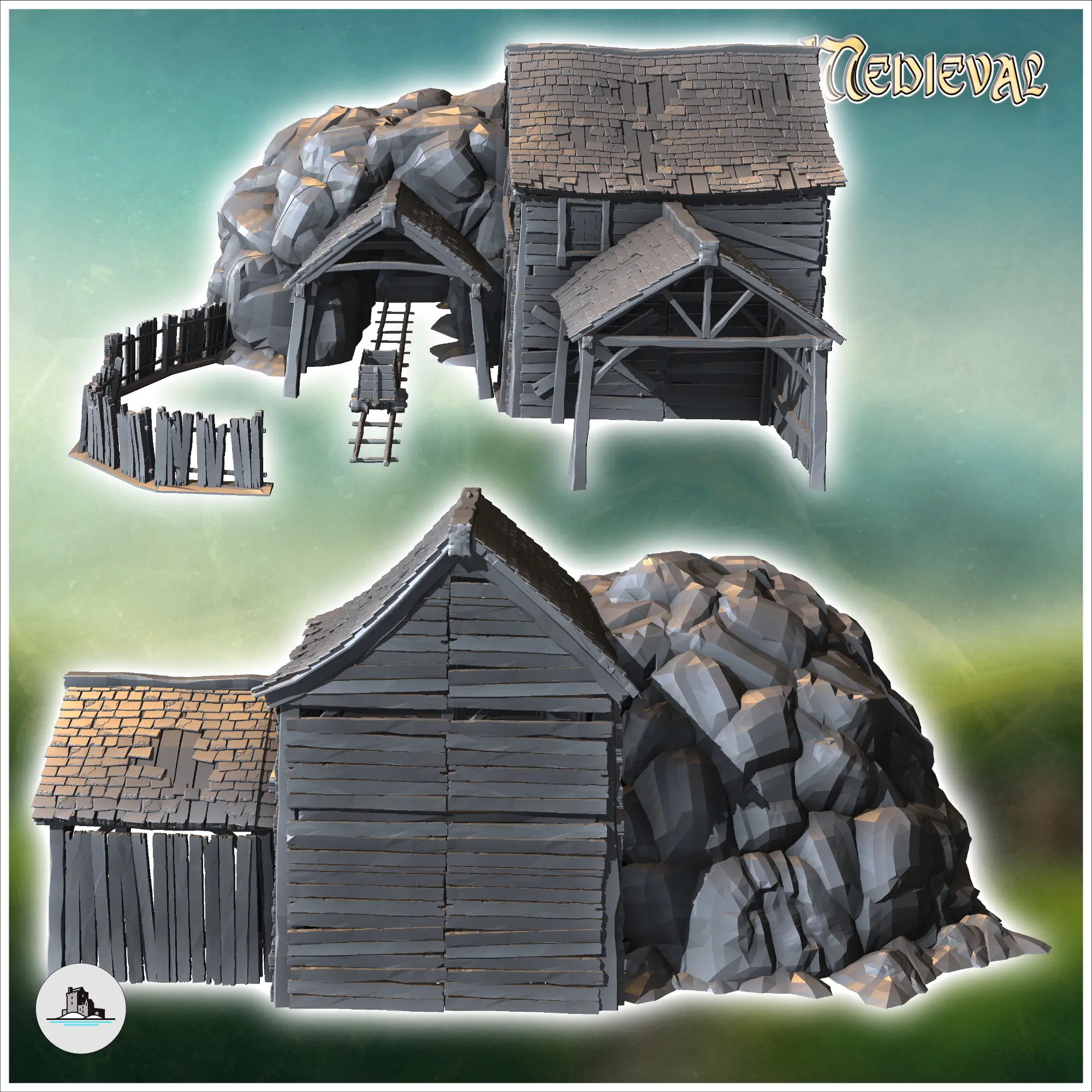 Medieval mine entrance with rails and mining building (8) -