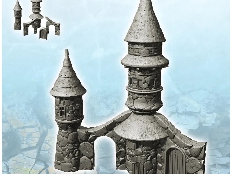 Fantastic building with two towers with curved roofs and acc