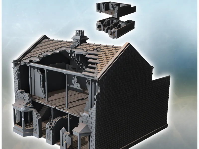 European houses with double bay windows and rear walls (ruin